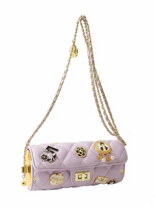 Lavender Quilted Chain Shoulder Bag With Gold Accents